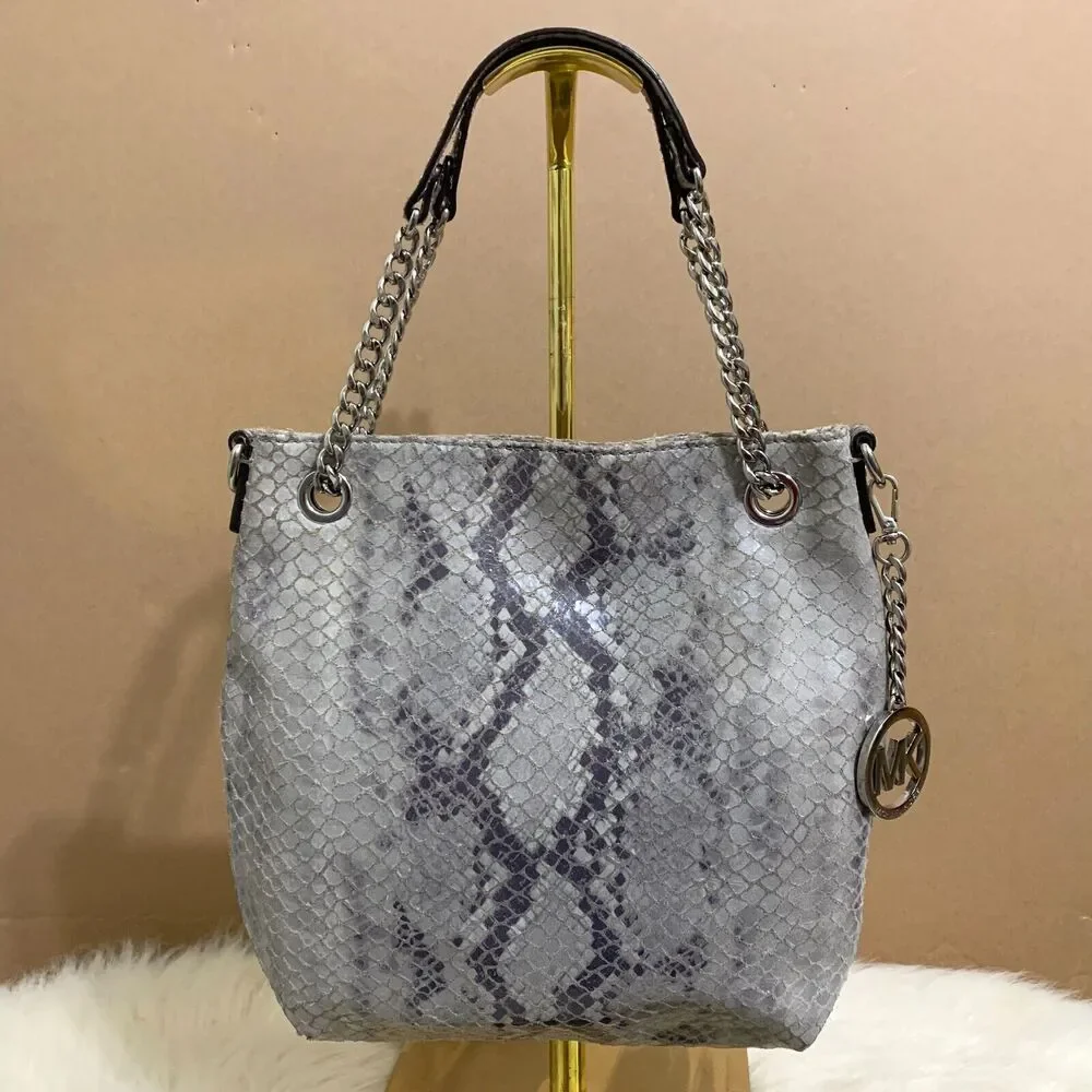 MICHAEL KORS JET SET Gray Python Leather North South Convertible Chain Hobo